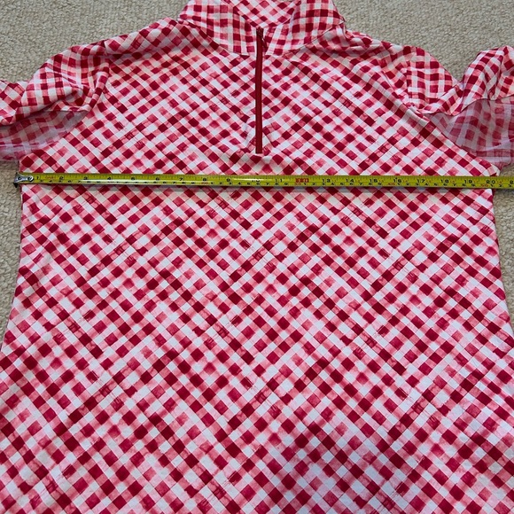 IBKUL Women's Large Gingham Check Print Long Sleeve Mock Neck Red White 1/4 Zip - Picture 9 of 10